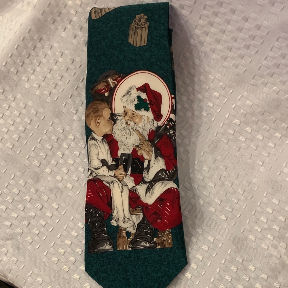 Santa Claus Christmas tie, featuring Norman Rockwell painting, On Santa’s Knee.